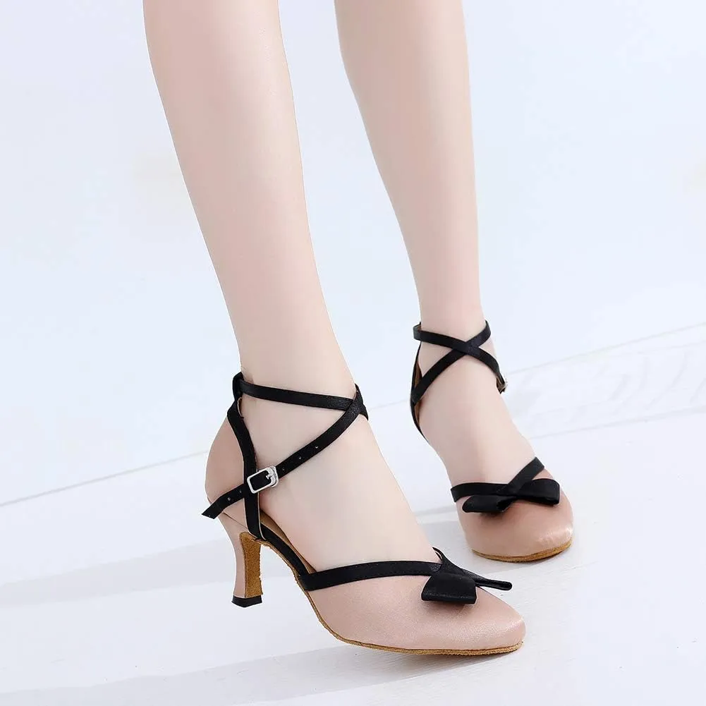JUODVMP Women's Satin Mulitcolor Crossed Ankle Straps Closed Toe Ballroom Latin Salsa Dance Shoes Model QJW7117