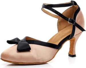 JUODVMP Women's Satin Mulitcolor Crossed Ankle Straps Closed Toe Ballroom Latin Salsa Dance Shoes Model QJW7117