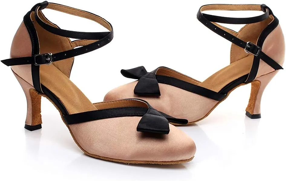 JUODVMP Women's Satin Mulitcolor Crossed Ankle Straps Closed Toe Ballroom Latin Salsa Dance Shoes Model QJW7117