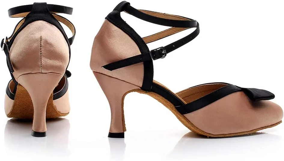 JUODVMP Women's Satin Mulitcolor Crossed Ankle Straps Closed Toe Ballroom Latin Salsa Dance Shoes Model QJW7117