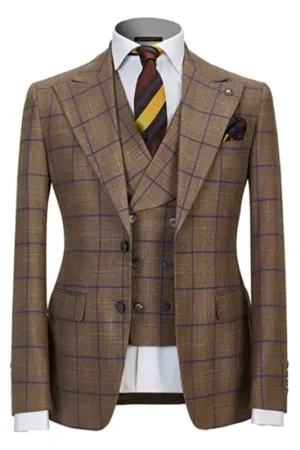 Khaki Peaked Lapel Three Pieces Plaid Men Business Suits Wedding Suits