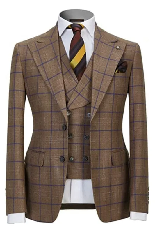 Khaki Peaked Lapel Three Pieces Plaid Men Business Suits Wedding Suits