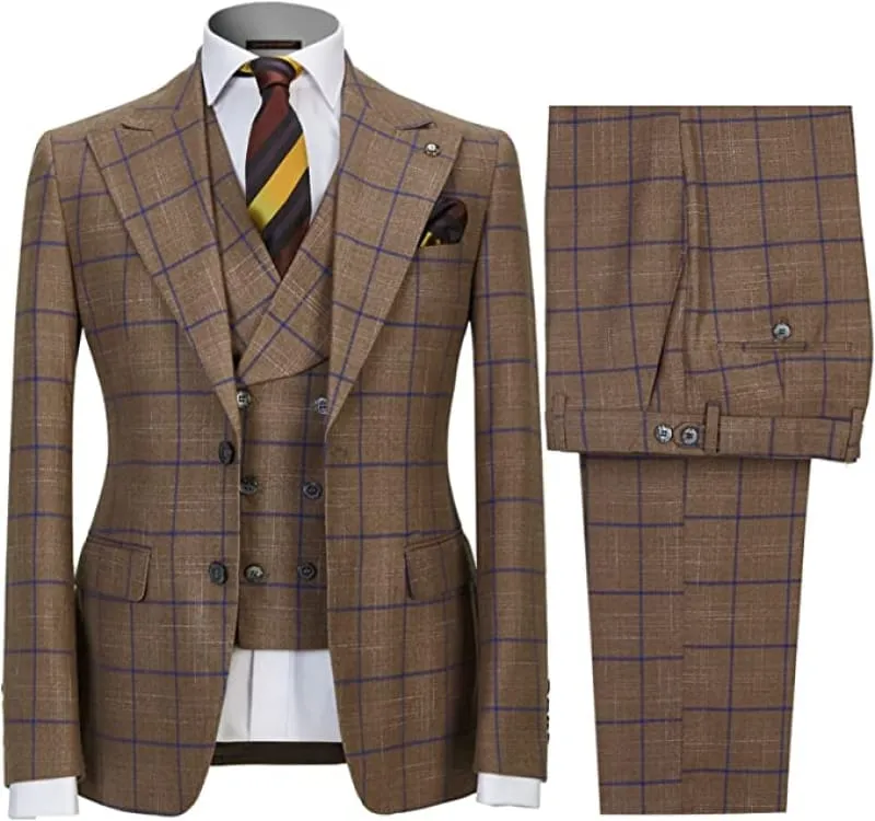 Khaki Peaked Lapel Three Pieces Plaid Men Business Suits Wedding Suits