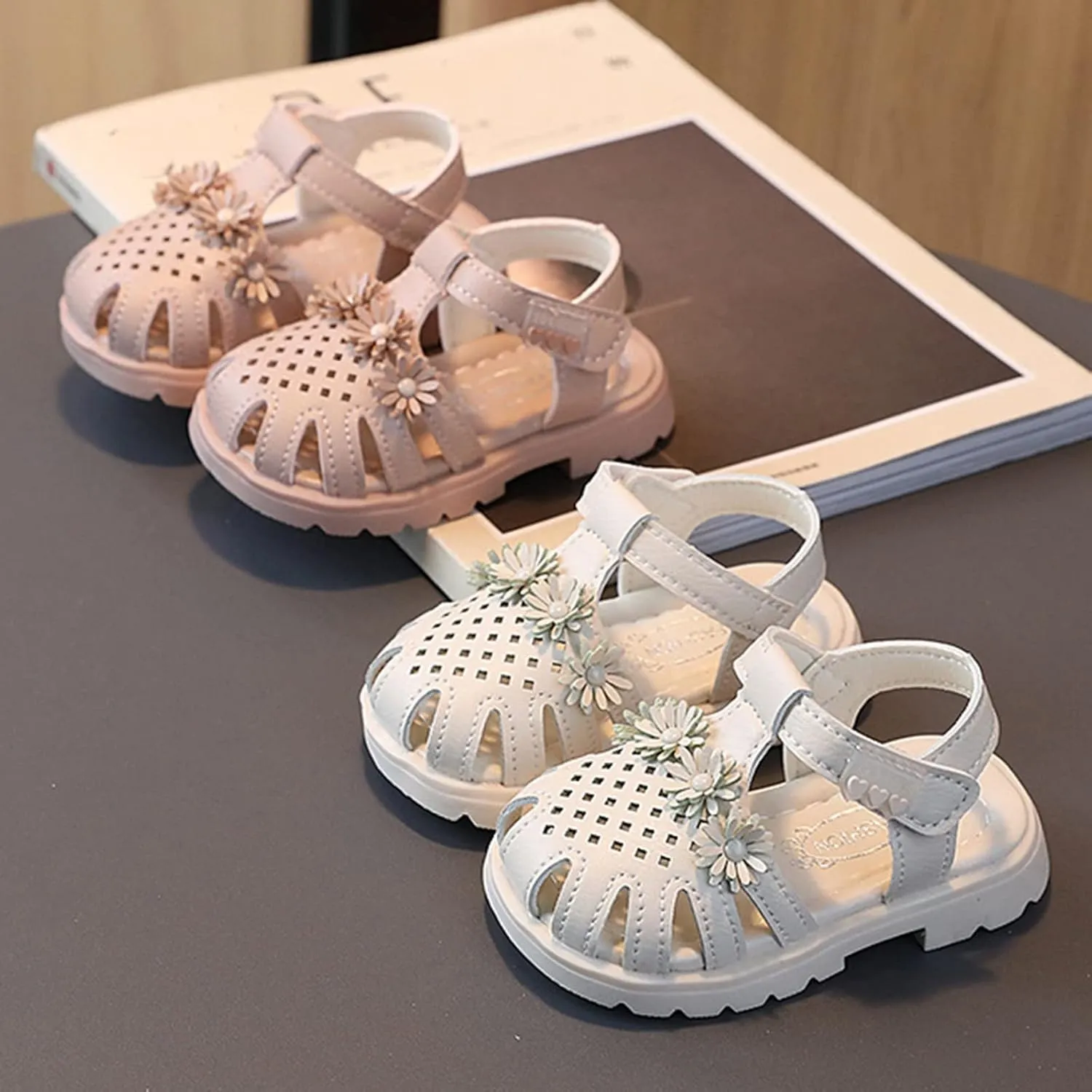 Kids Closed Toe Flower Sandals With Strap Rubber Sole ow Heels Soft Beach Shoes Toddler Summer Outdoor Pool Loafers