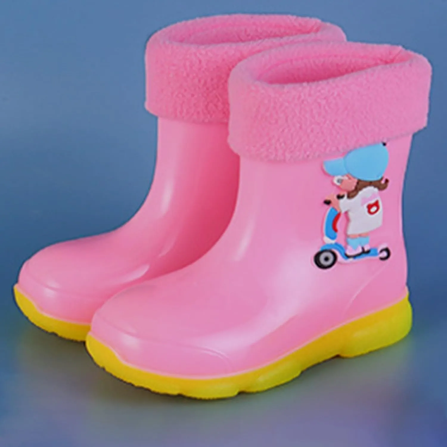 Kids Fleece Lined Rain Boots for Girls Boys Toddler Waterproof Cute Cartoon Pattern Platform Mud Kids Boots Size 3