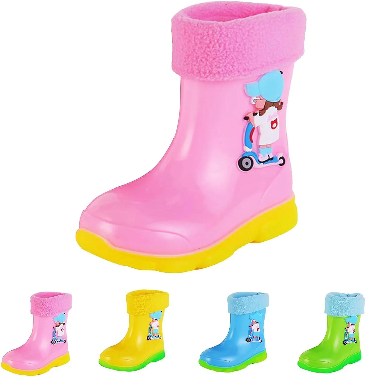 Kids Fleece Lined Rain Boots for Girls Boys Toddler Waterproof Cute Cartoon Pattern Platform Mud Kids Boots Size 3