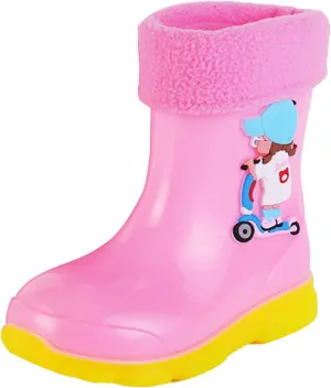 Kids Fleece Lined Rain Boots for Girls Boys Toddler Waterproof Cute Cartoon Pattern Platform Mud Kids Boots Size 3