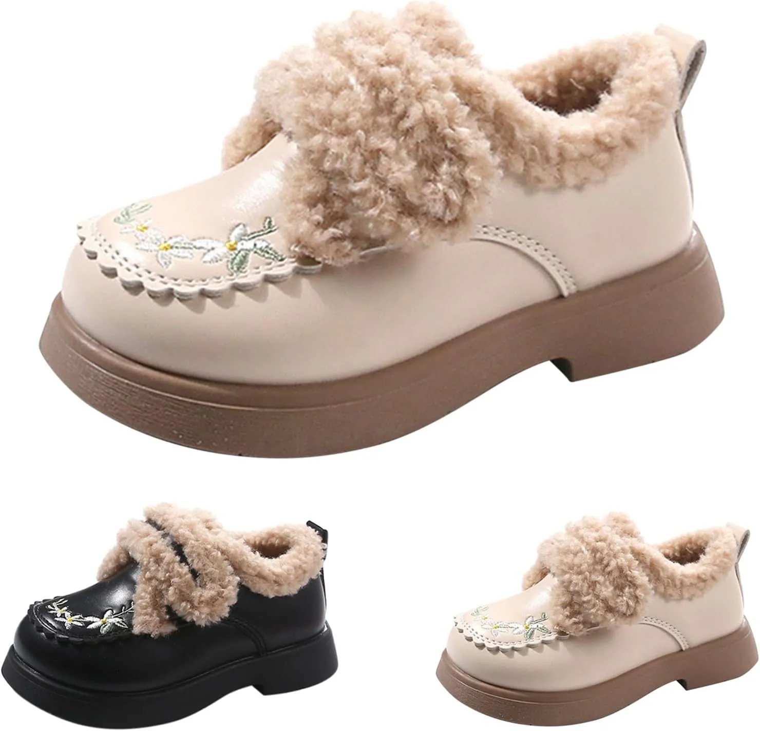 Kids Girls Flower Embroidery Fleece Plush Mary Jane Leather Shoes Chinese Ethnic Fashion Winter Toddler Girls Booties