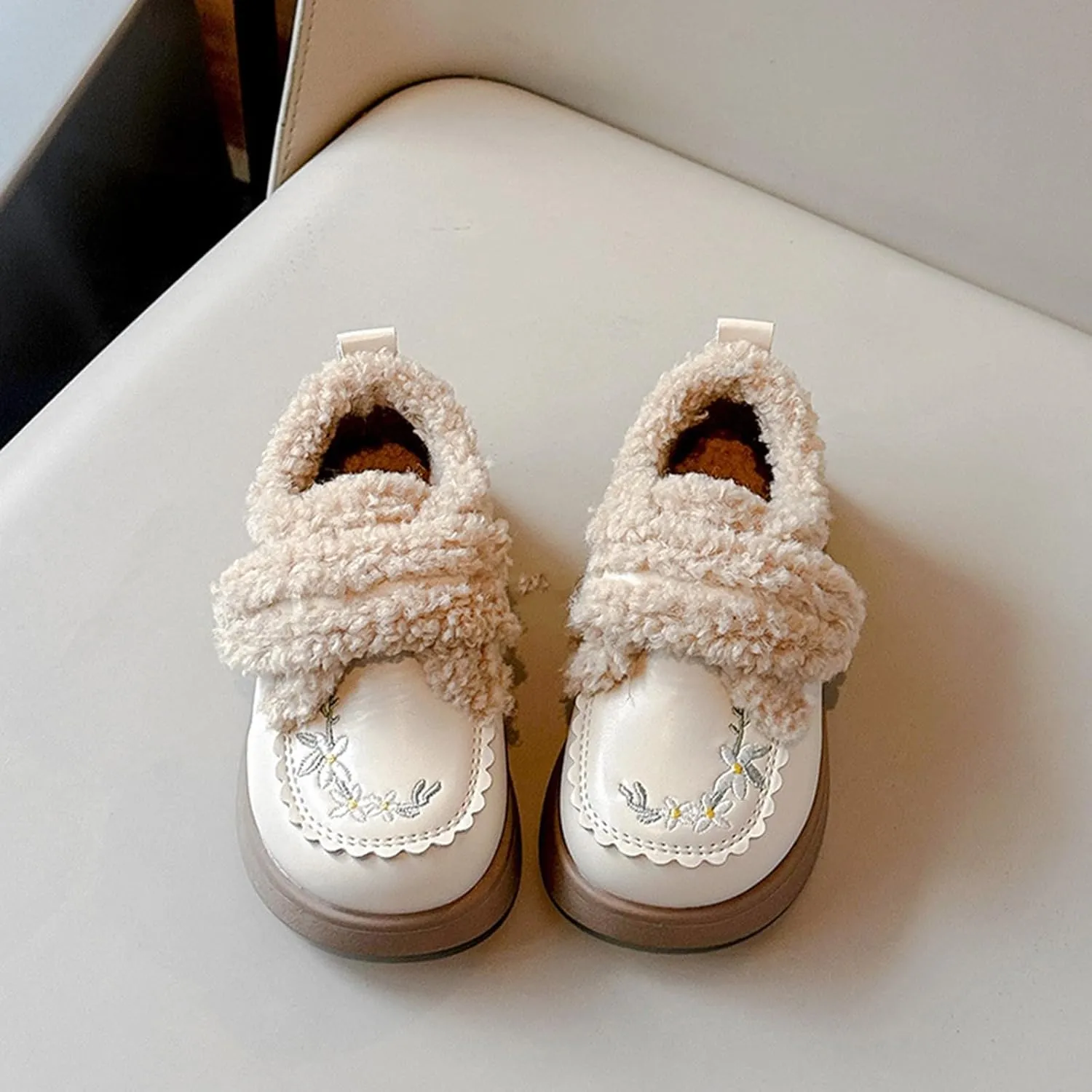 Kids Girls Flower Embroidery Fleece Plush Mary Jane Leather Shoes Chinese Ethnic Fashion Winter Toddler Girls Booties