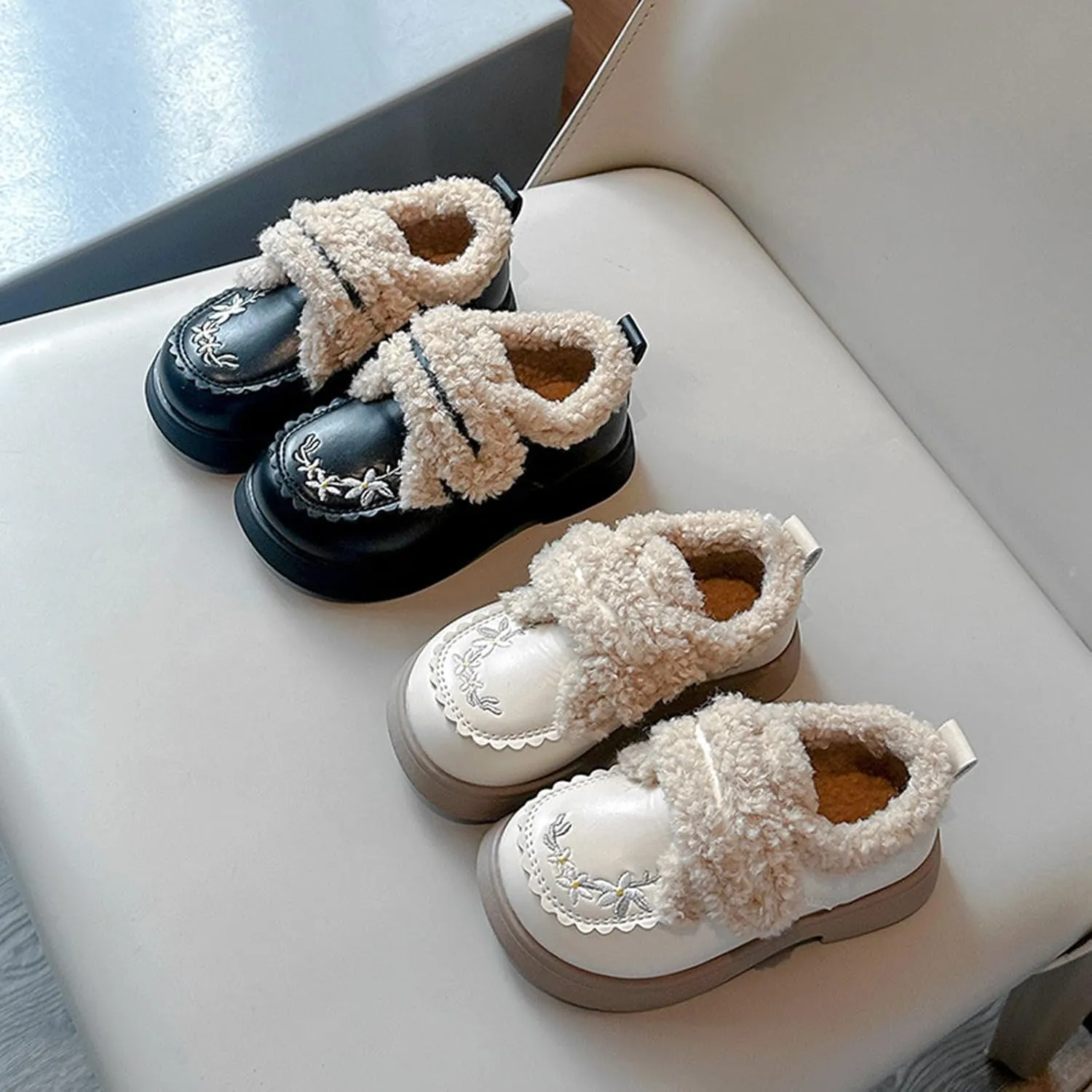 Kids Girls Flower Embroidery Fleece Plush Mary Jane Leather Shoes Chinese Ethnic Fashion Winter Toddler Girls Booties