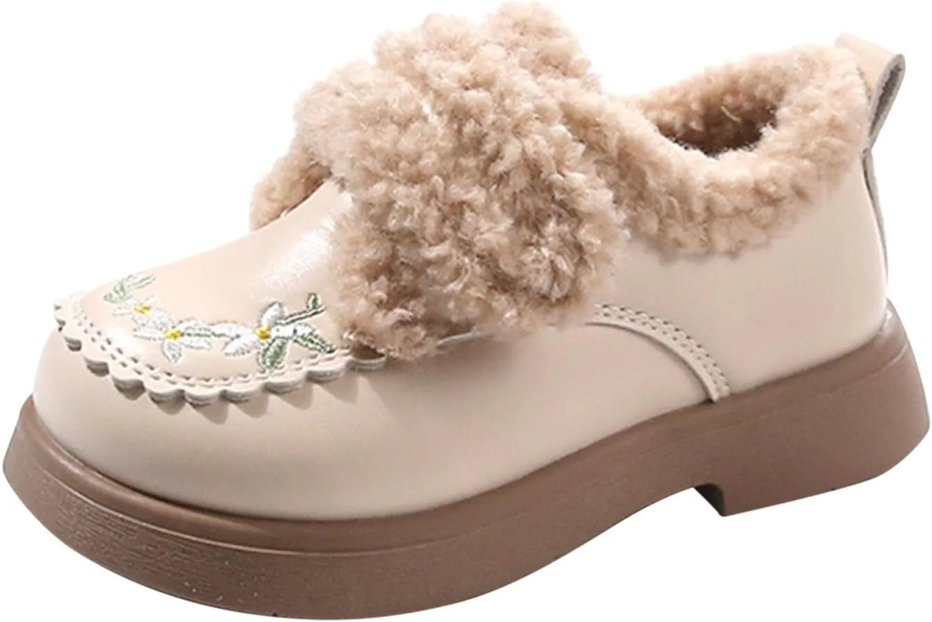 Kids Girls Flower Embroidery Fleece Plush Mary Jane Leather Shoes Chinese Ethnic Fashion Winter Toddler Girls Booties