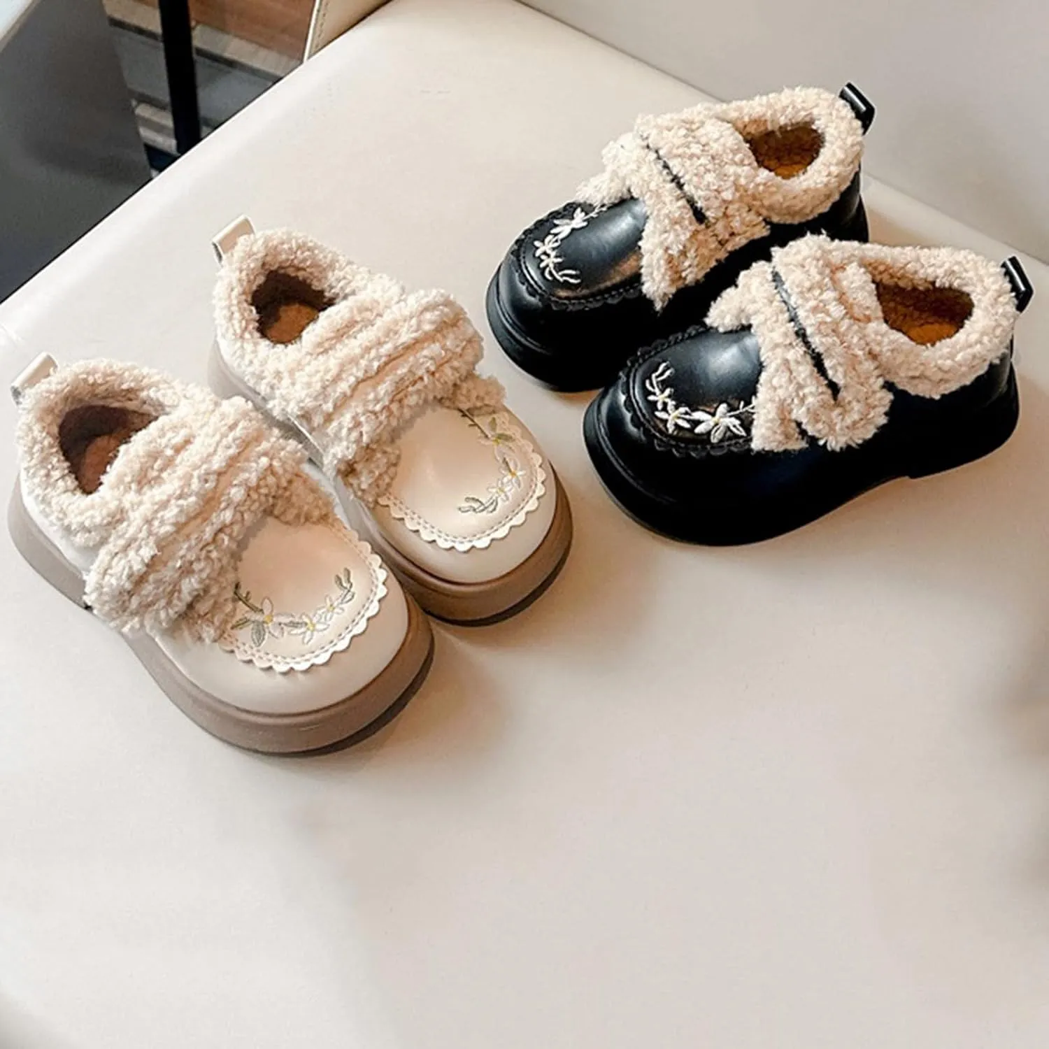 Kids Girls Flower Embroidery Fleece Plush Mary Jane Leather Shoes Chinese Ethnic Fashion Winter Toddler Girls Booties