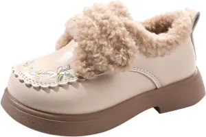 Kids Girls Flower Embroidery Fleece Plush Mary Jane Leather Shoes Chinese Ethnic Fashion Winter Toddler Girls Booties