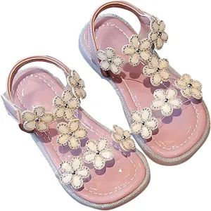 Kids Girls Flower Glitter Sandals Flat Non Slip Barefoot Wide Shoes Toddler Baby Breathable Strap Shoes Sandals