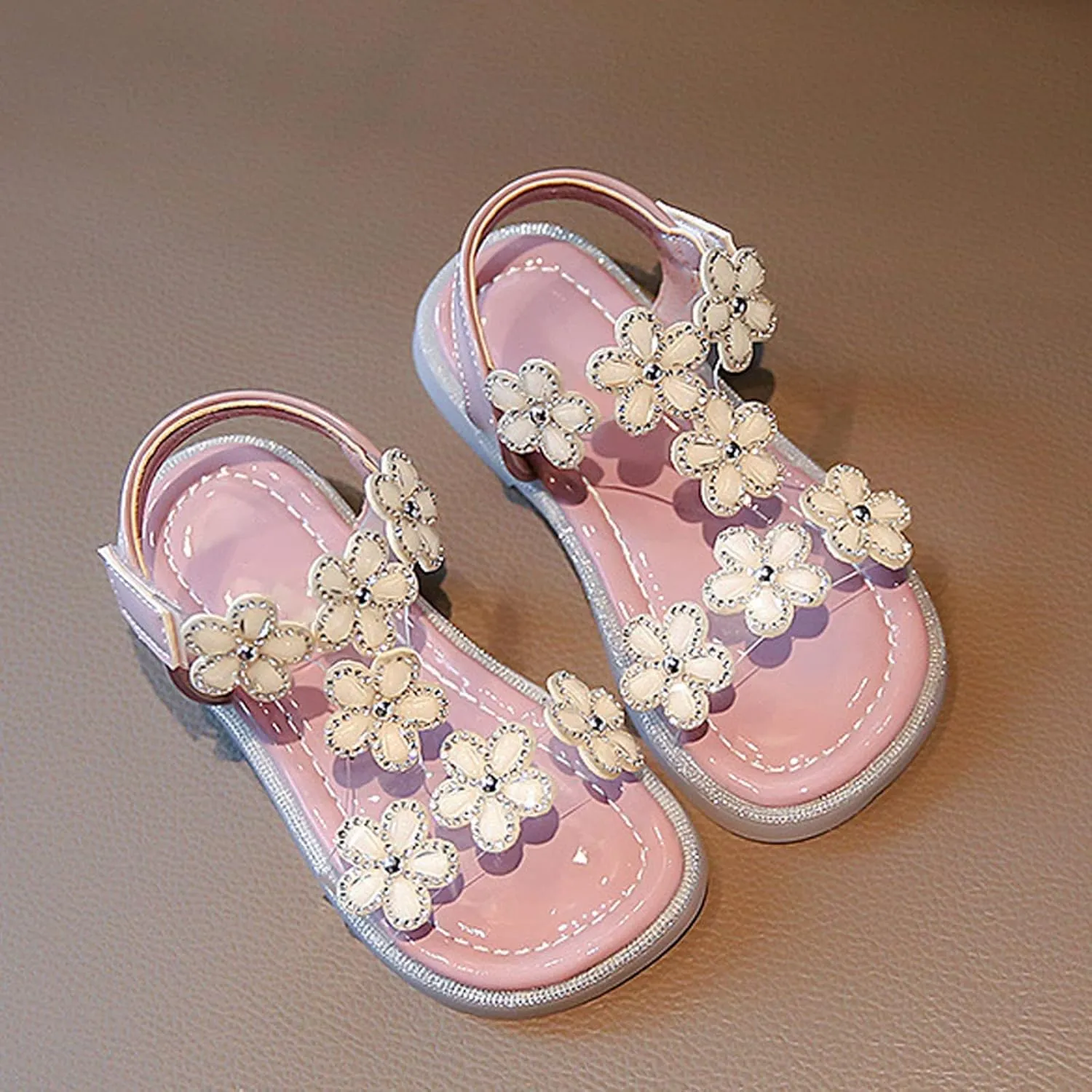 Kids Girls Flower Glitter Sandals Flat Non Slip Barefoot Wide Shoes Toddler Baby Breathable Strap Shoes Sandals