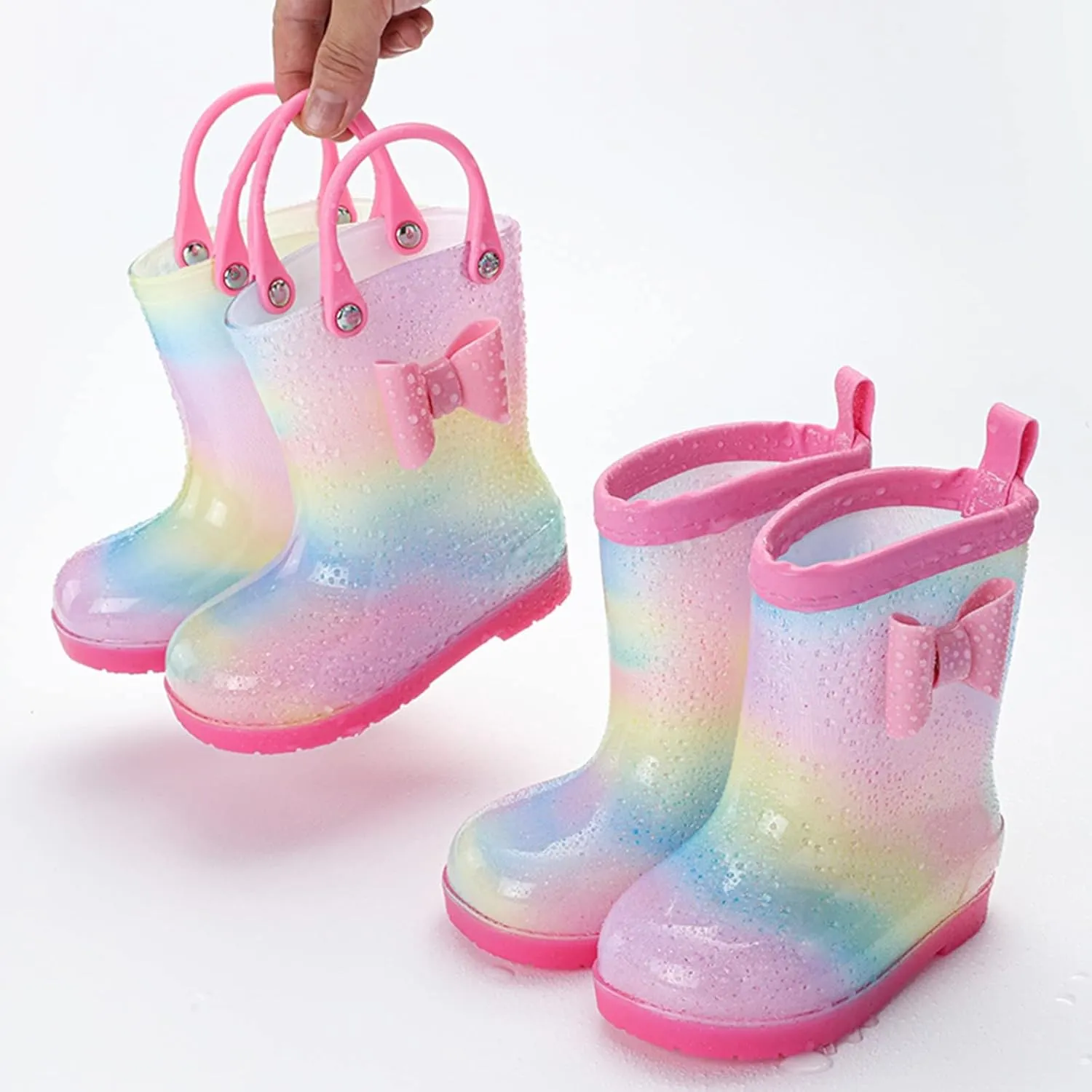 Kids Tie Dye Waterproof Rain Boot with Pull on Handles Toddler Bow Rain Boots Rubber Boots Boys Cute Baby Boys' Shoes