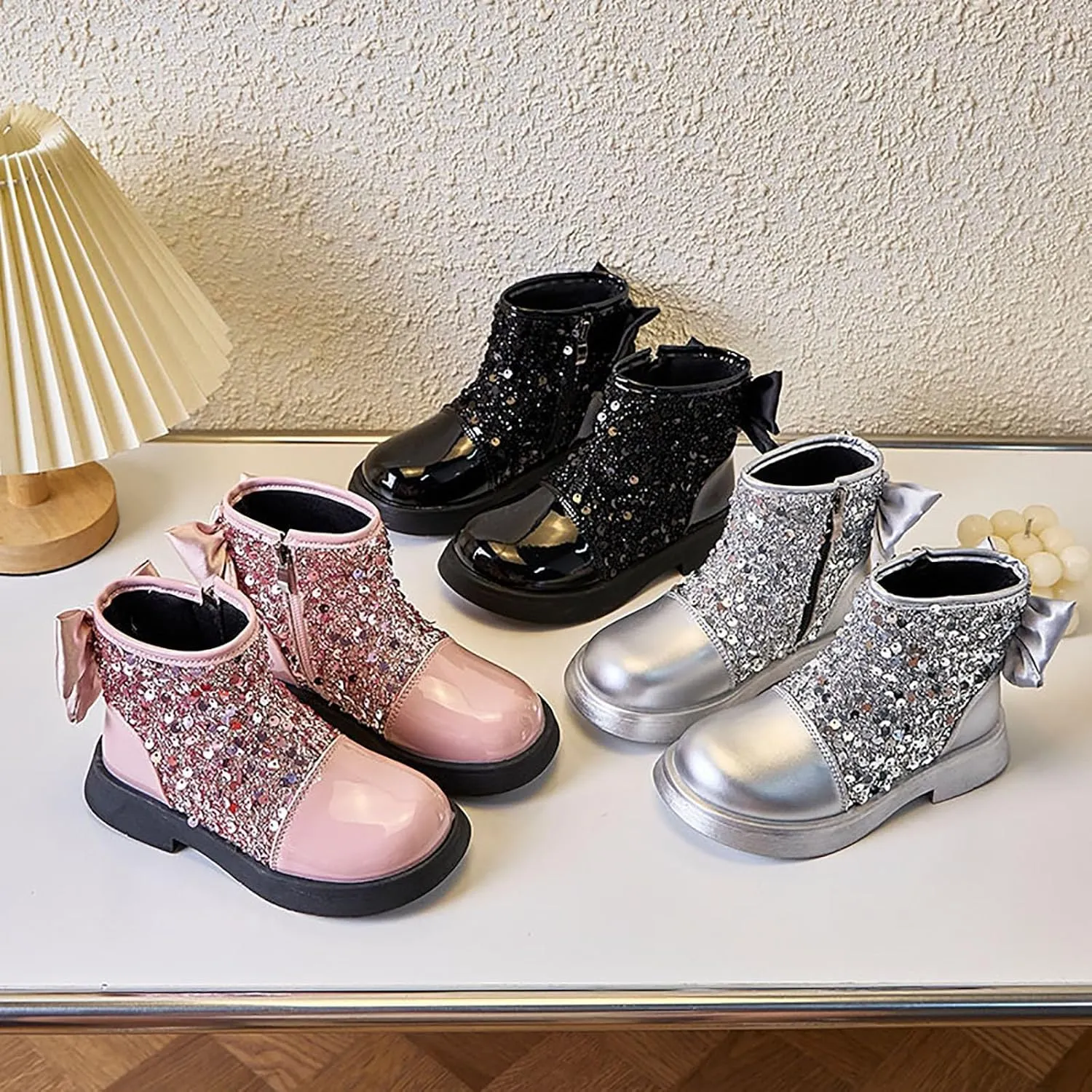 Kids Winter Boots Fashion Sequined Girls Glitter Ankle Boots Lace Up Combat Boot Side Zipper Comfortable Boots