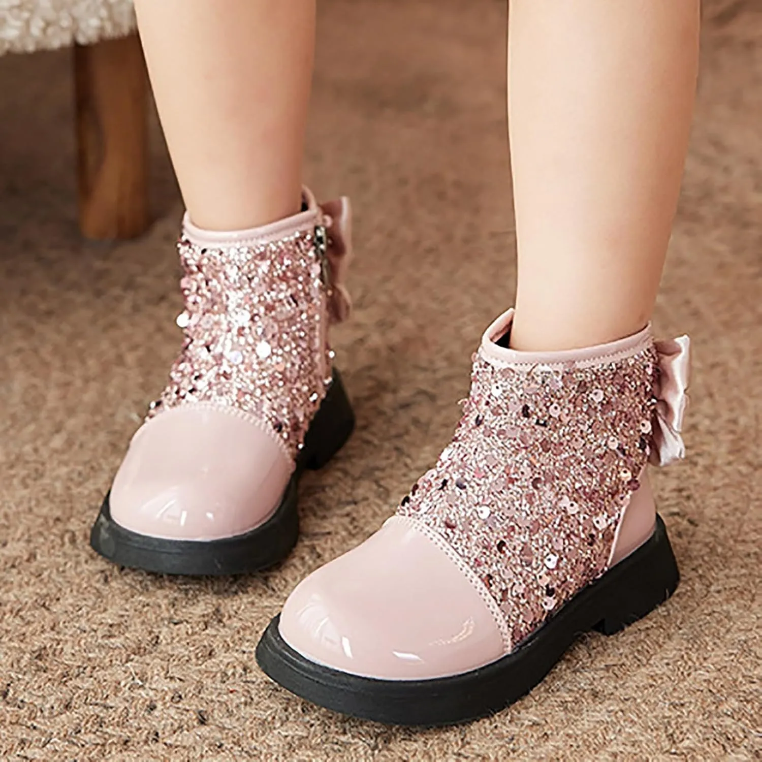 Kids Winter Boots Fashion Sequined Girls Glitter Ankle Boots Lace Up Combat Boot Side Zipper Comfortable Boots
