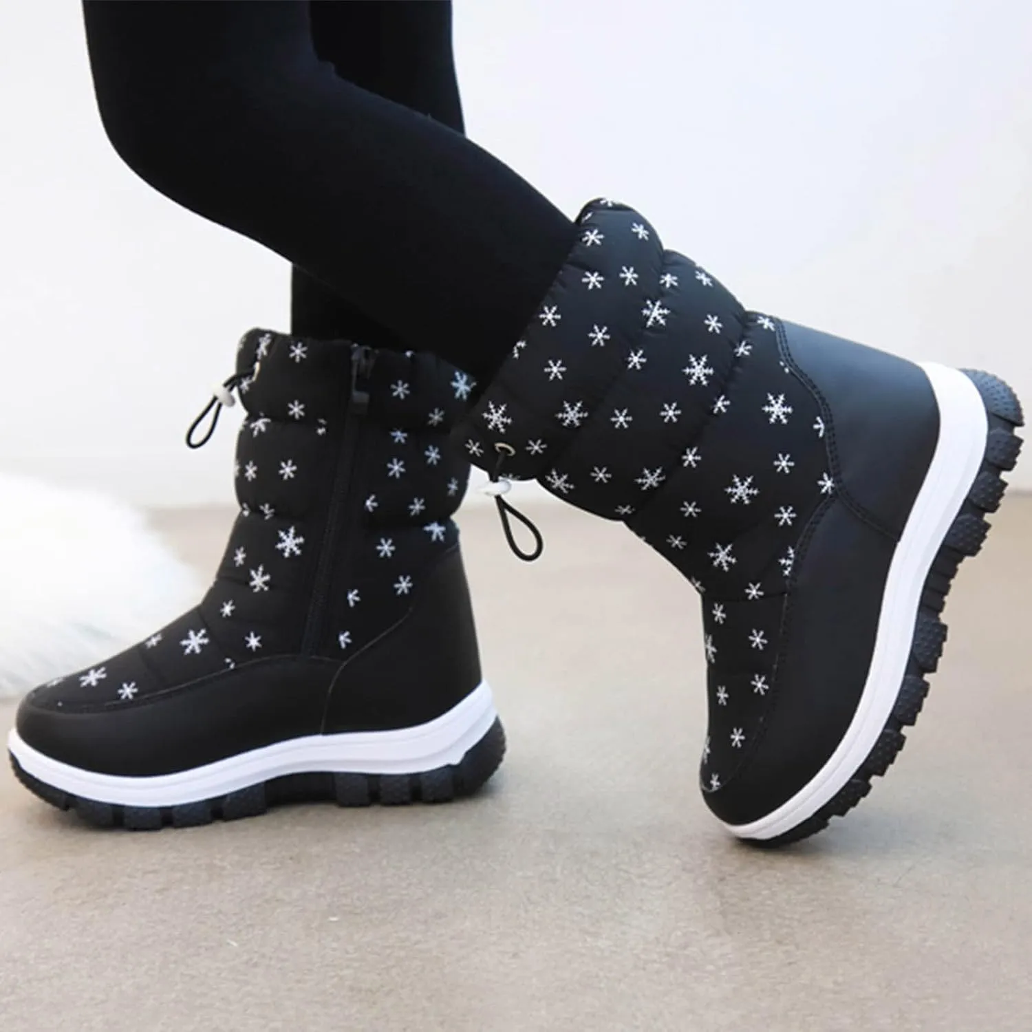 Kids Winter Thick Snowflake Snow Boots Boys Girls Soles Non Slip Mid Calf Booties Big Child Warm Hiking Shoes