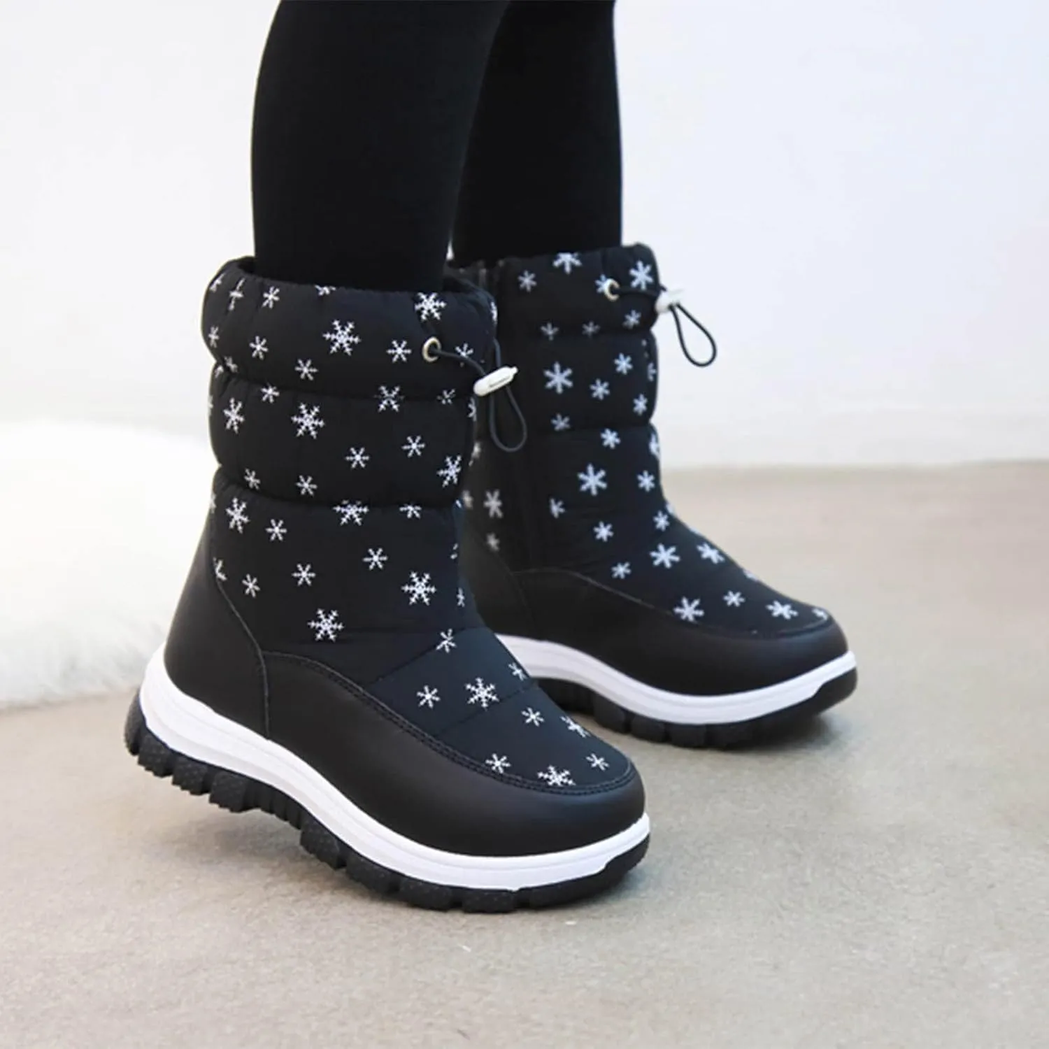 Kids Winter Thick Snowflake Snow Boots Boys Girls Soles Non Slip Mid Calf Booties Big Child Warm Hiking Shoes
