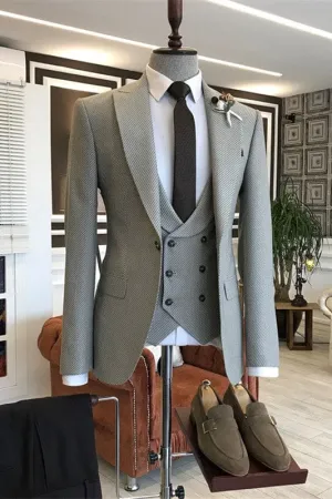 Light Gray Peaked Lapel Slim Business Suits Three Pieces Tuxedos Wedding Groomsmen Suit