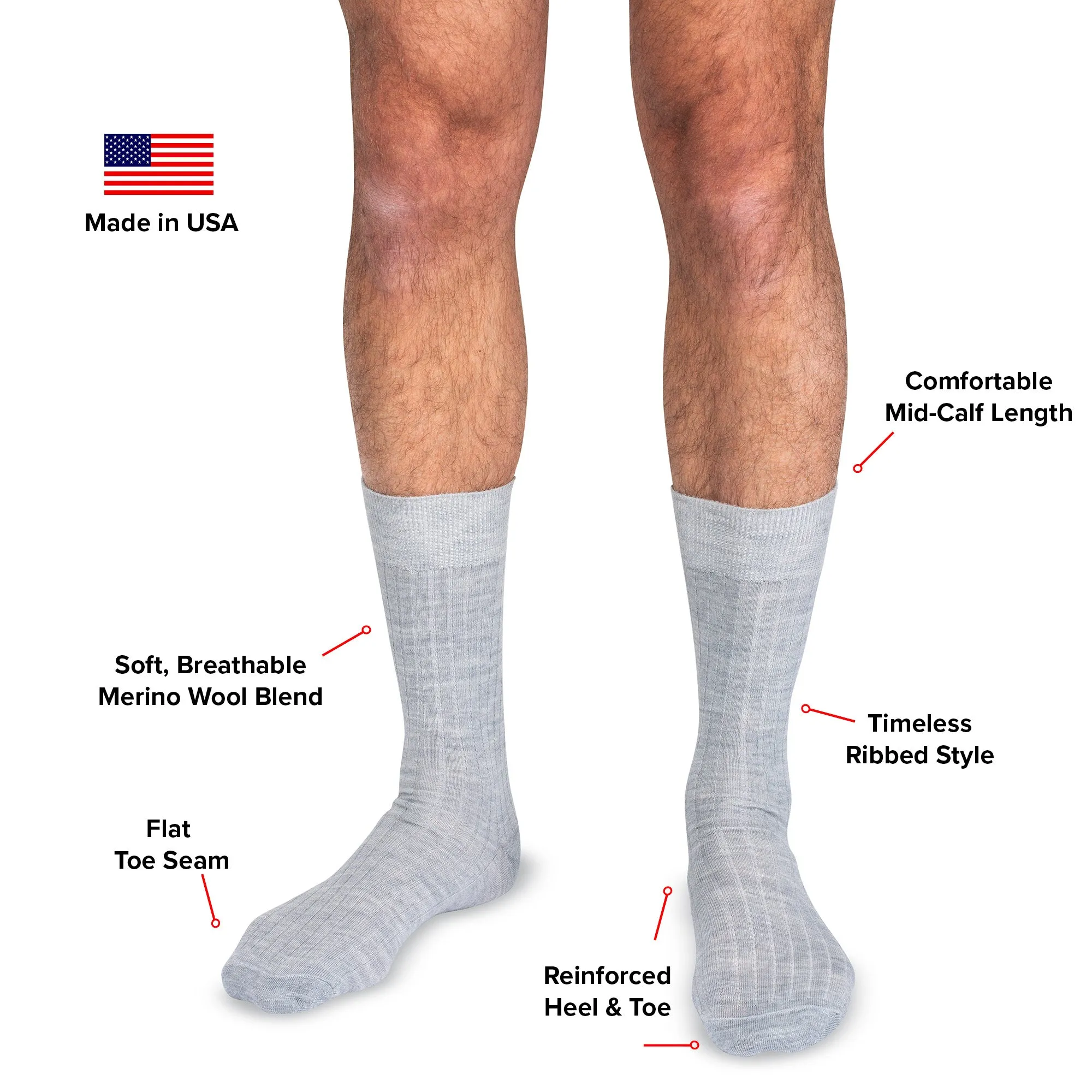 Light Grey Heather Merino Wool Mid Calf Dress Socks