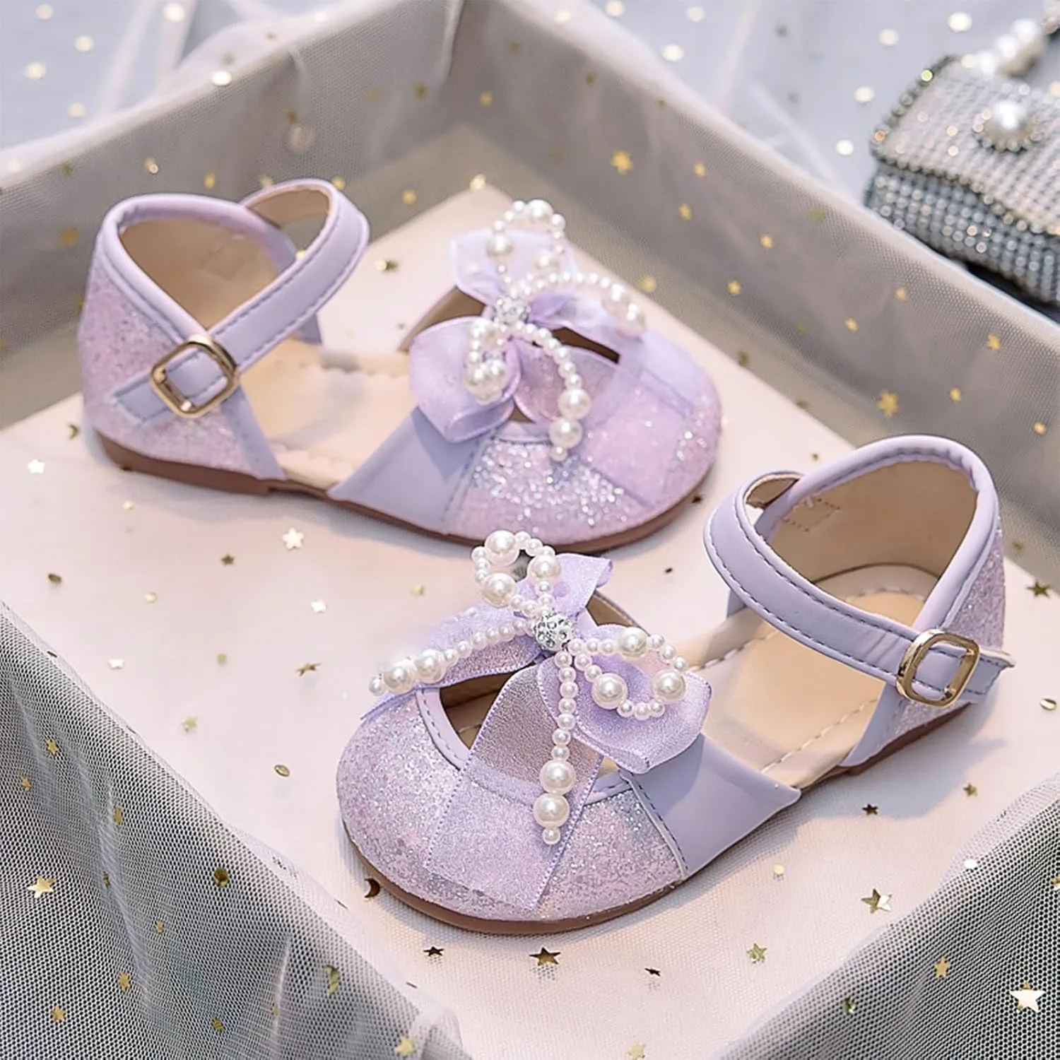 Little Girl Easter Summer Dress Shoes Girls Sandals Sequin Bow Pearl Princess Single Shoes Closed Toe Soft Sole Fashion