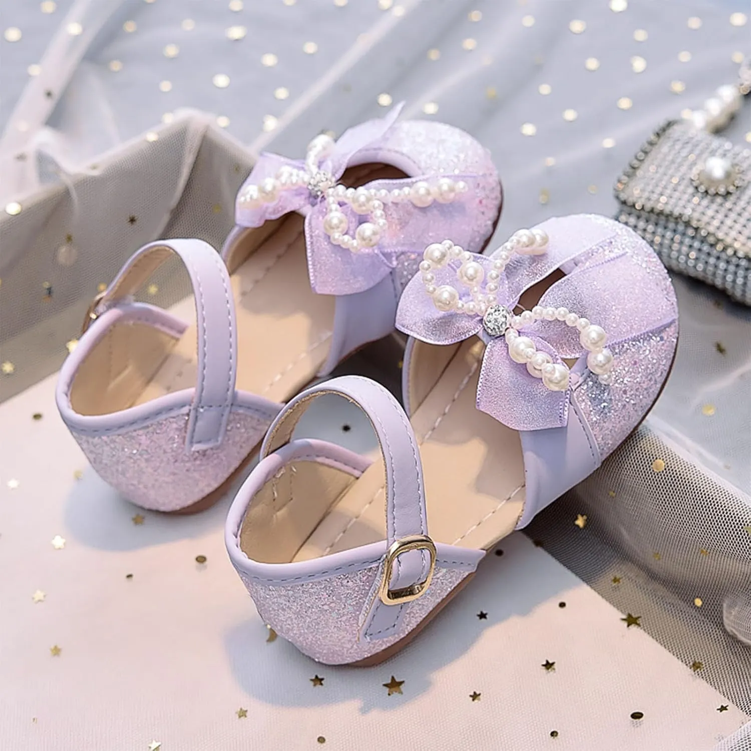 Little Girl Easter Summer Dress Shoes Girls Sandals Sequin Bow Pearl Princess Single Shoes Closed Toe Soft Sole Fashion