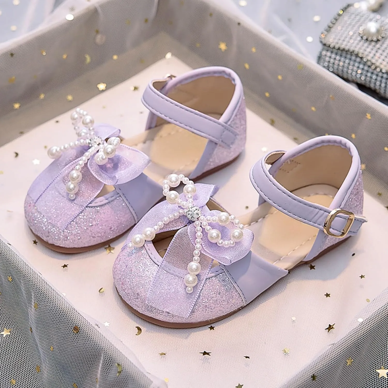 Little Girl Easter Summer Dress Shoes Girls Sandals Sequin Bow Pearl Princess Single Shoes Closed Toe Soft Sole Fashion
