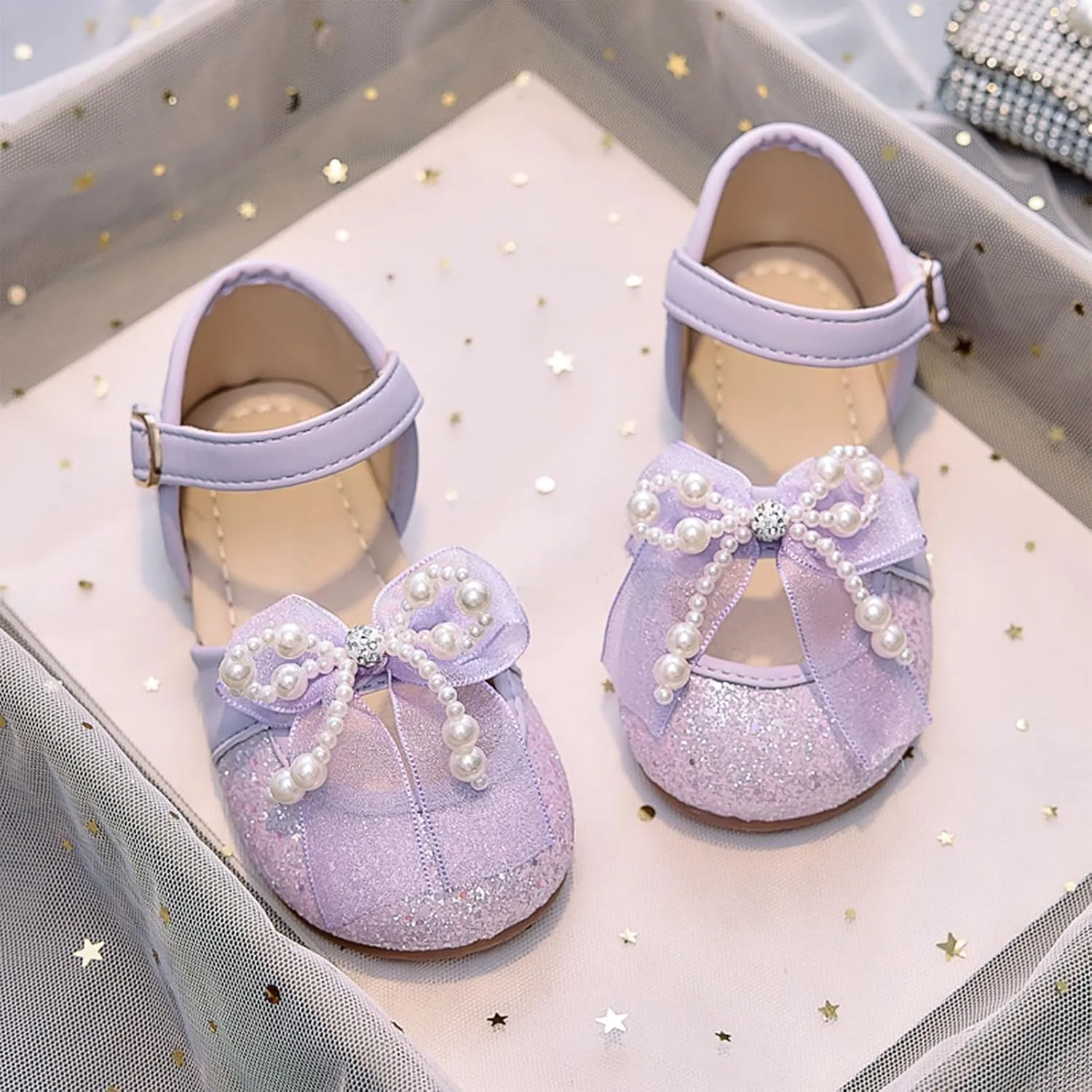 Little Girl Easter Summer Dress Shoes Girls Sandals Sequin Bow Pearl Princess Single Shoes Closed Toe Soft Sole Fashion