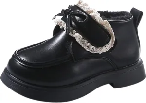 Little Girls Winter Cute Bowknot Short Dress Boot Princess Low Heel Anti Slip Comfortable Fashion Leather Shoes