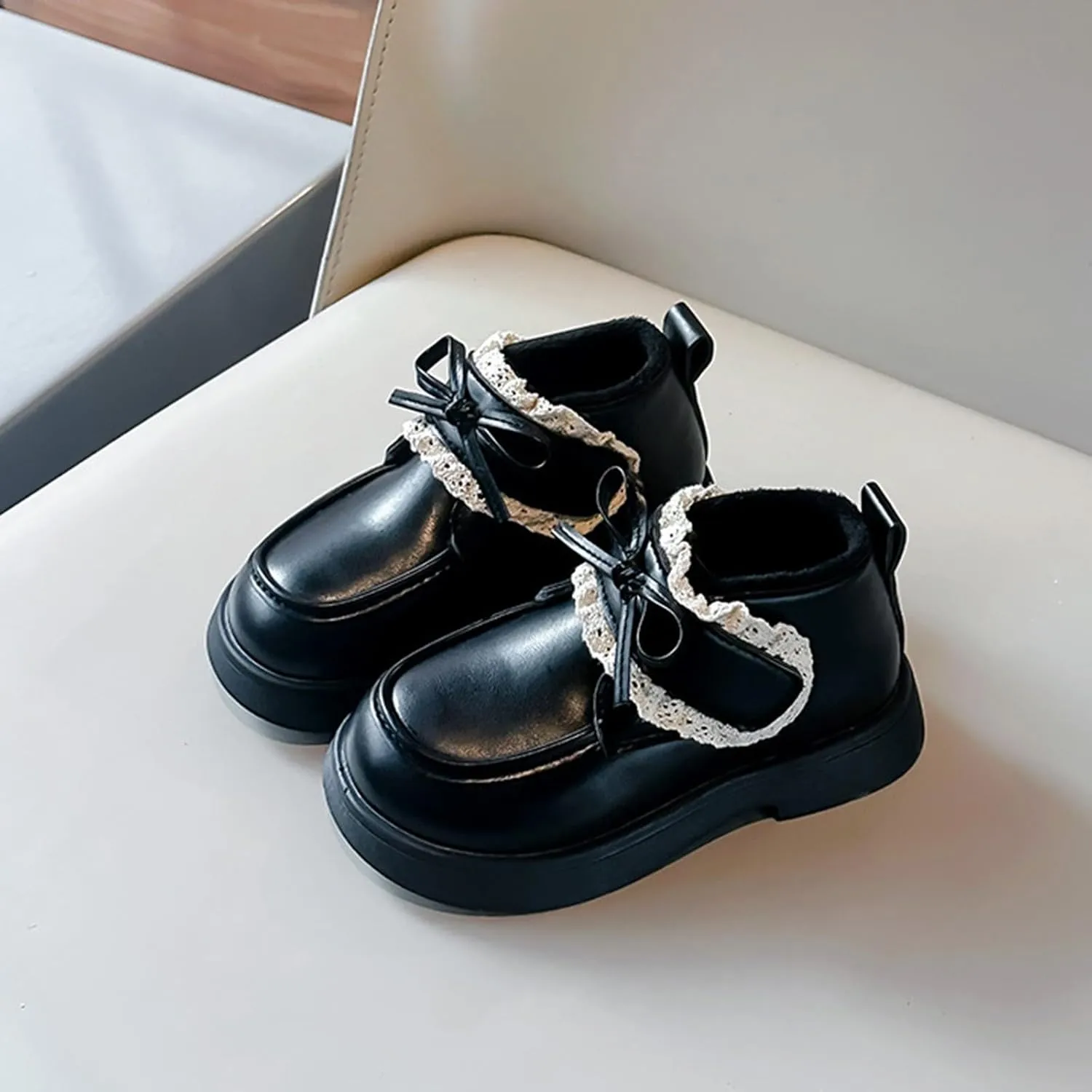 Little Girls Winter Cute Bowknot Short Dress Boot Princess Low Heel Anti Slip Comfortable Fashion Leather Shoes