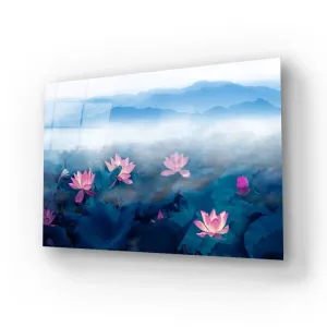 Lotus Pond Distant Mountain Fog Clouds Glass Wall Art Lotus Pond Distant Mountain Fog Clouds Glass Wall Art