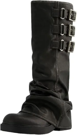 MAVMAX Women Slouchy Knee High Boot Casual Round Toe Pull On Riding Biker Boots Fold Over Chunky Low Heel Platform Boots Buckle Black US8.5