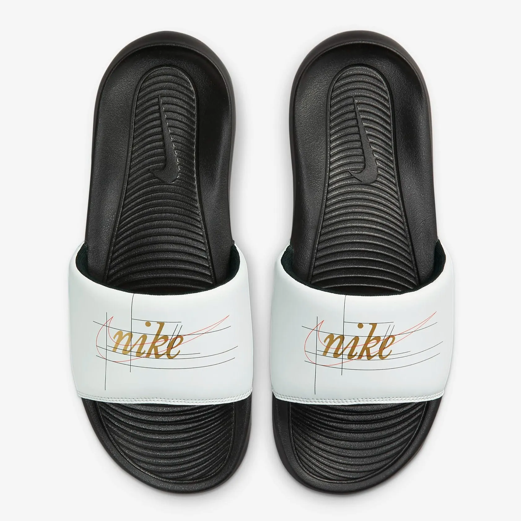 Men's Nike Victori One "Retro Logo" Print Slides (Summit White/Orange/Metallic Gold/Black)(CN9678-103)