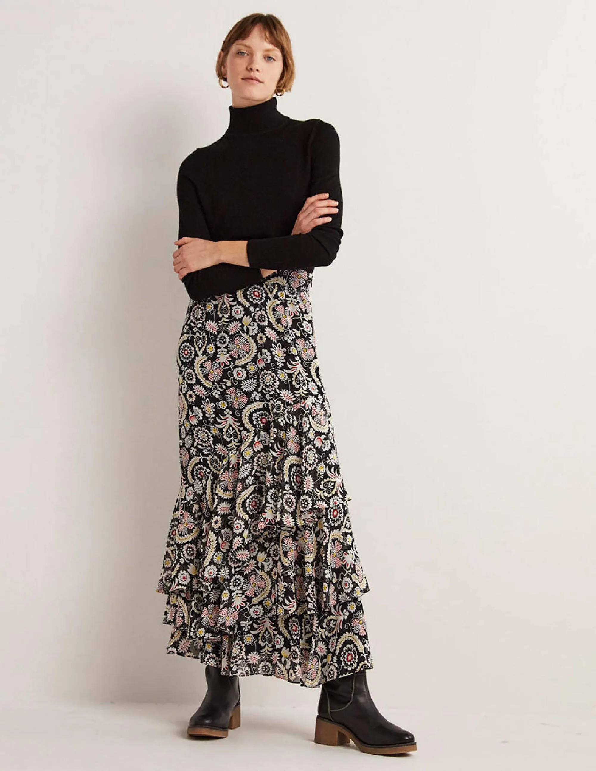 Multi Ruffle Maxi Skirt-Black, Tropic Charm