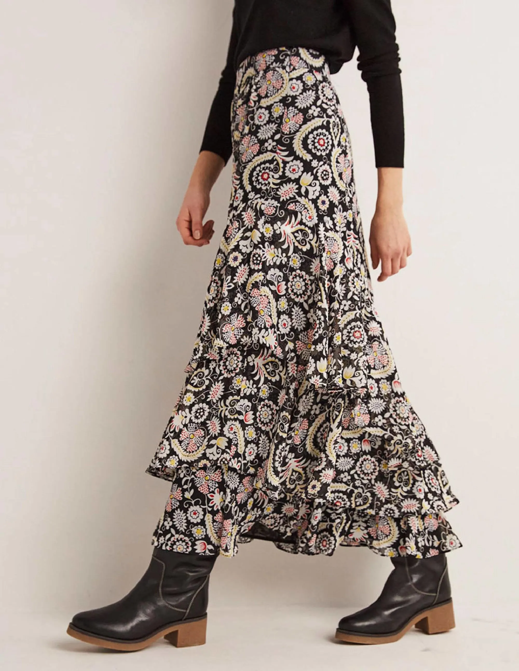 Multi Ruffle Maxi Skirt-Black, Tropic Charm