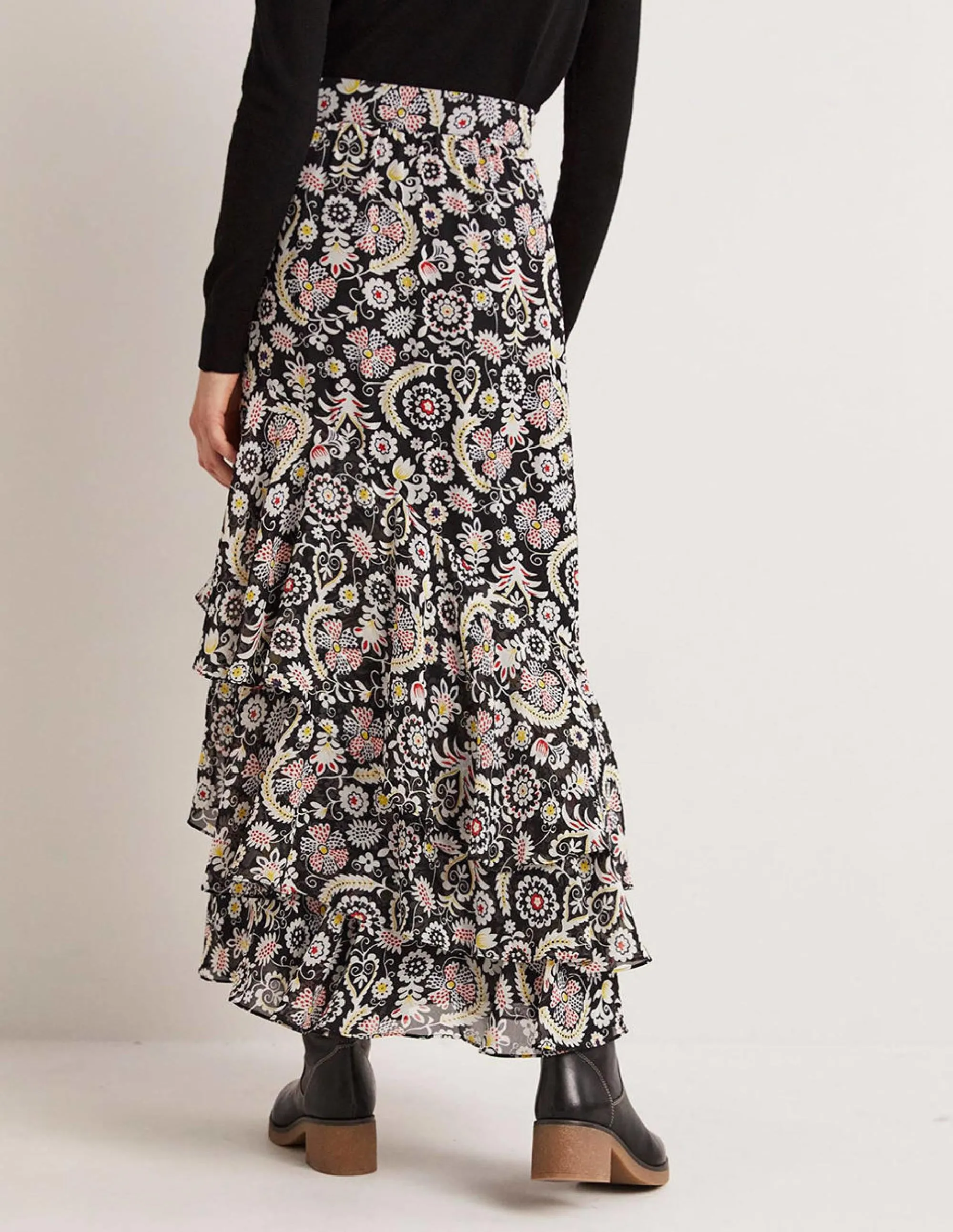 Multi Ruffle Maxi Skirt-Black, Tropic Charm