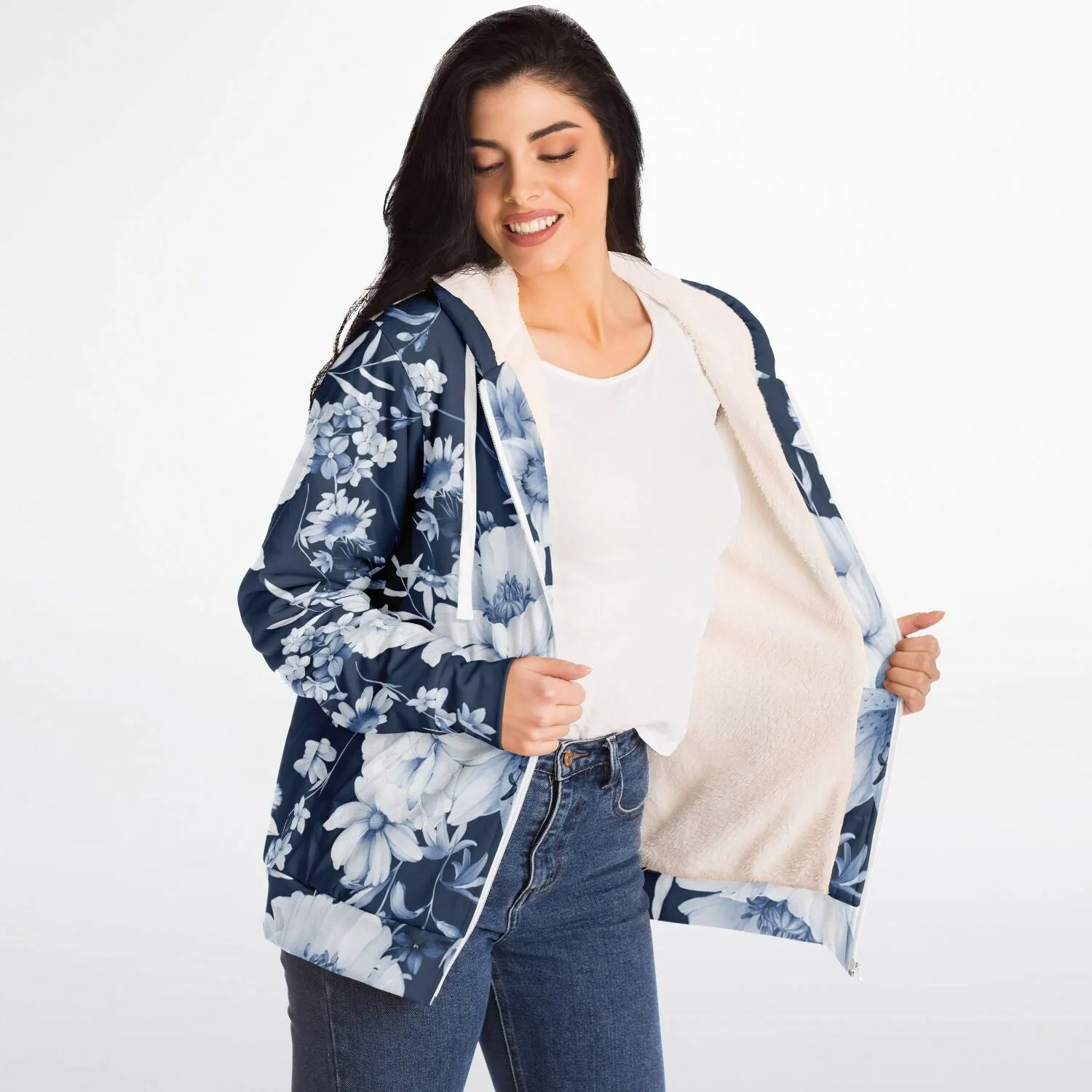 Navy and White Floral Microfleece Hoodie