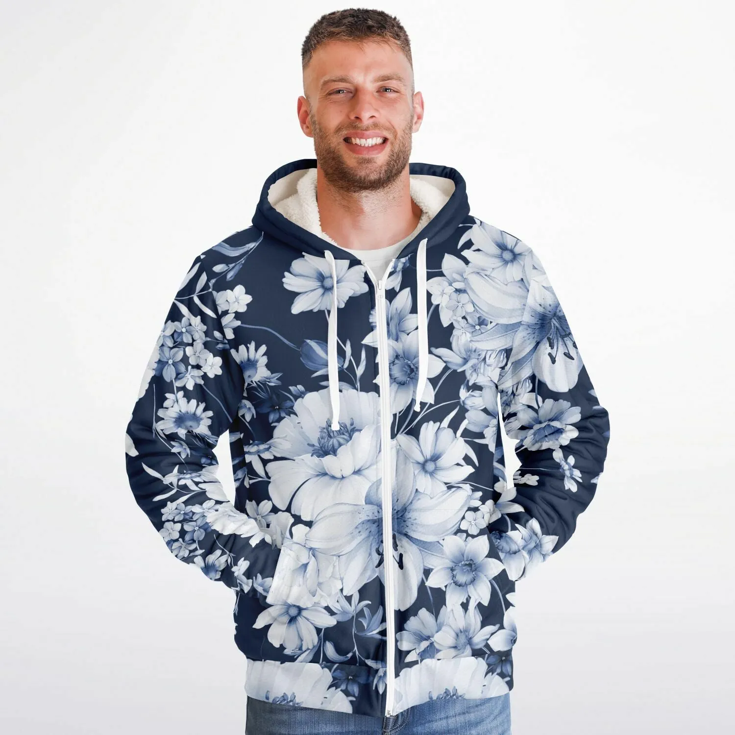Navy and White Floral Microfleece Hoodie