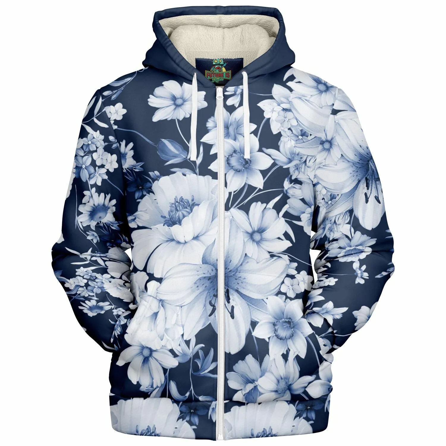 Navy and White Floral Microfleece Hoodie