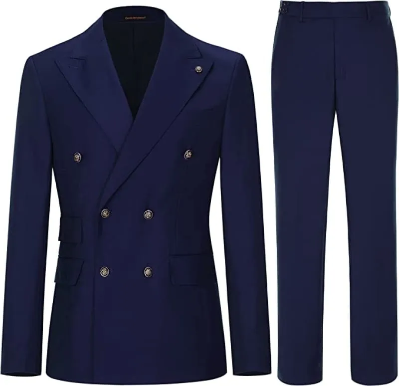 Navy Blue Peaked Lapel Double Breasted Prom Suits Slim Fit Business Suits