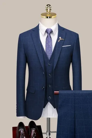 Navy Blue Plaid Slim Fit Formal Business Suit Three Pieces Tuxedos Jacket Vest Pants