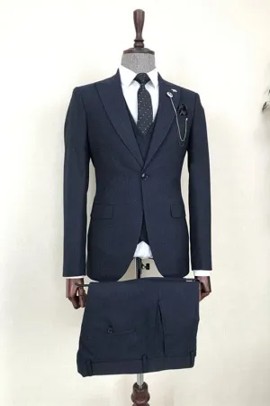 Navy Blue Three Pieces Peaked Lapel Formal Business Suits One Button Tuxedos Wedding Suits