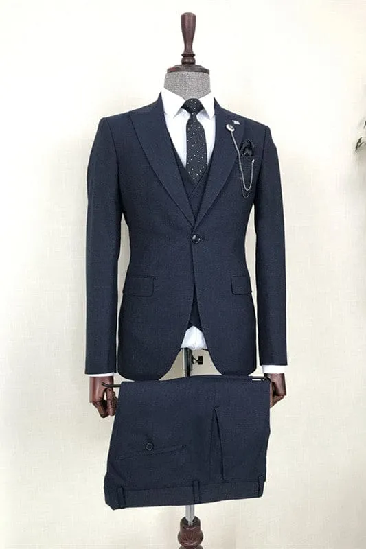 Navy Blue Three Pieces Peaked Lapel Formal Business Suits One Button Tuxedos Wedding Suits