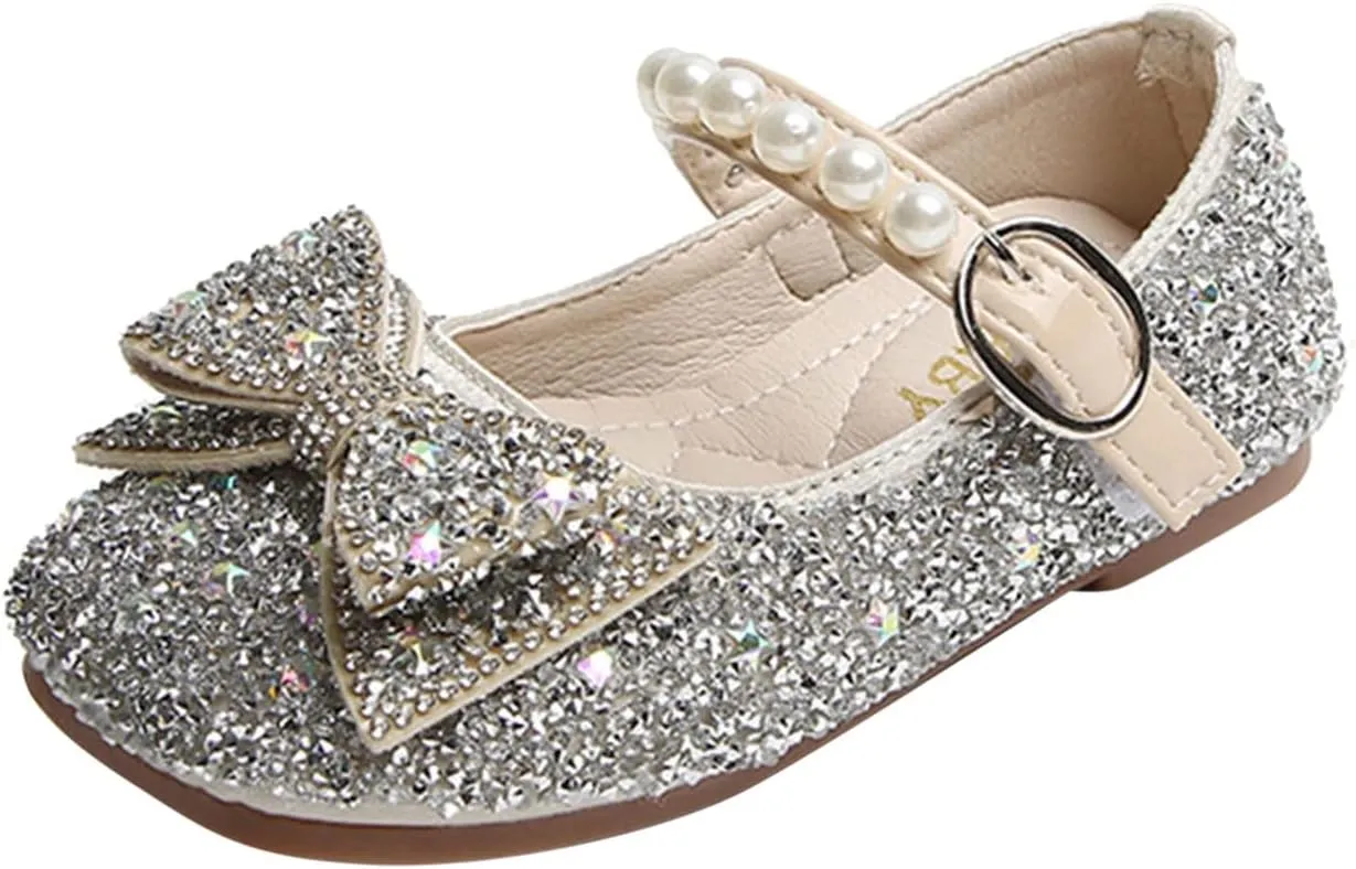 Princess Flat Sequins Little Girls Low Heels Pearl Buckle Dress Shoes Toddler Dress Ballet Mary Jane Bow Flat Shoes
