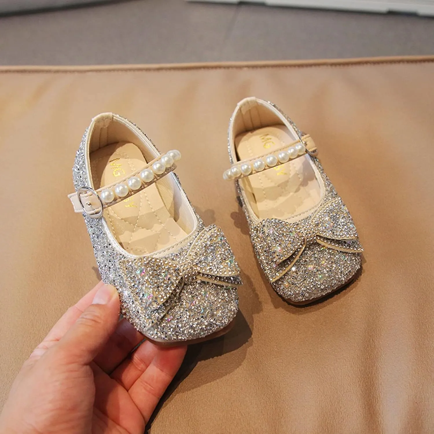 Princess Flat Sequins Little Girls Low Heels Pearl Buckle Dress Shoes Toddler Dress Ballet Mary Jane Bow Flat Shoes