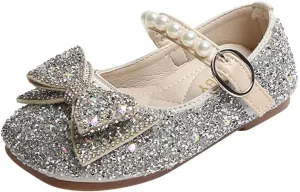 Princess Flat Sequins Little Girls Low Heels Pearl Buckle Dress Shoes Toddler Dress Ballet Mary Jane Bow Flat Shoes