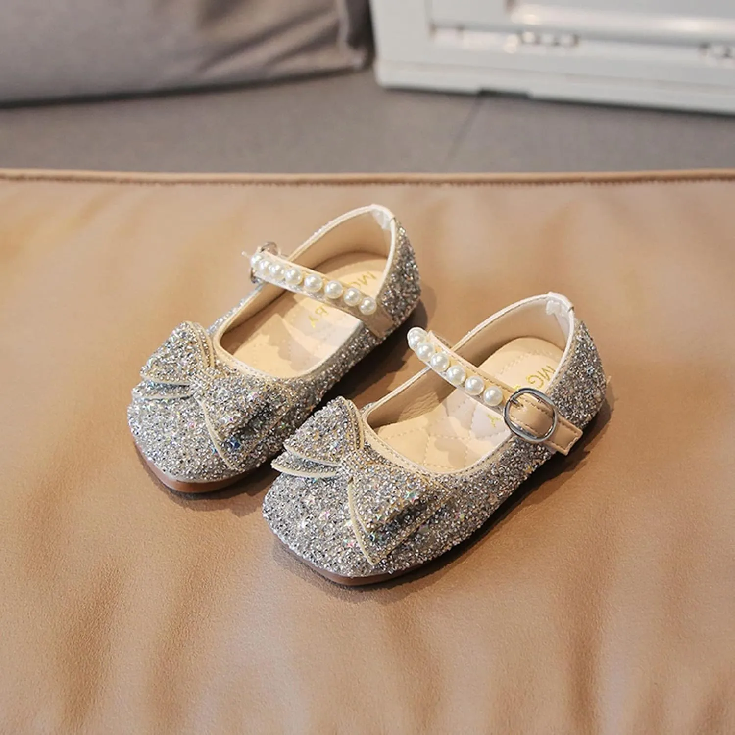 Princess Flat Sequins Little Girls Low Heels Pearl Buckle Dress Shoes Toddler Dress Ballet Mary Jane Bow Flat Shoes