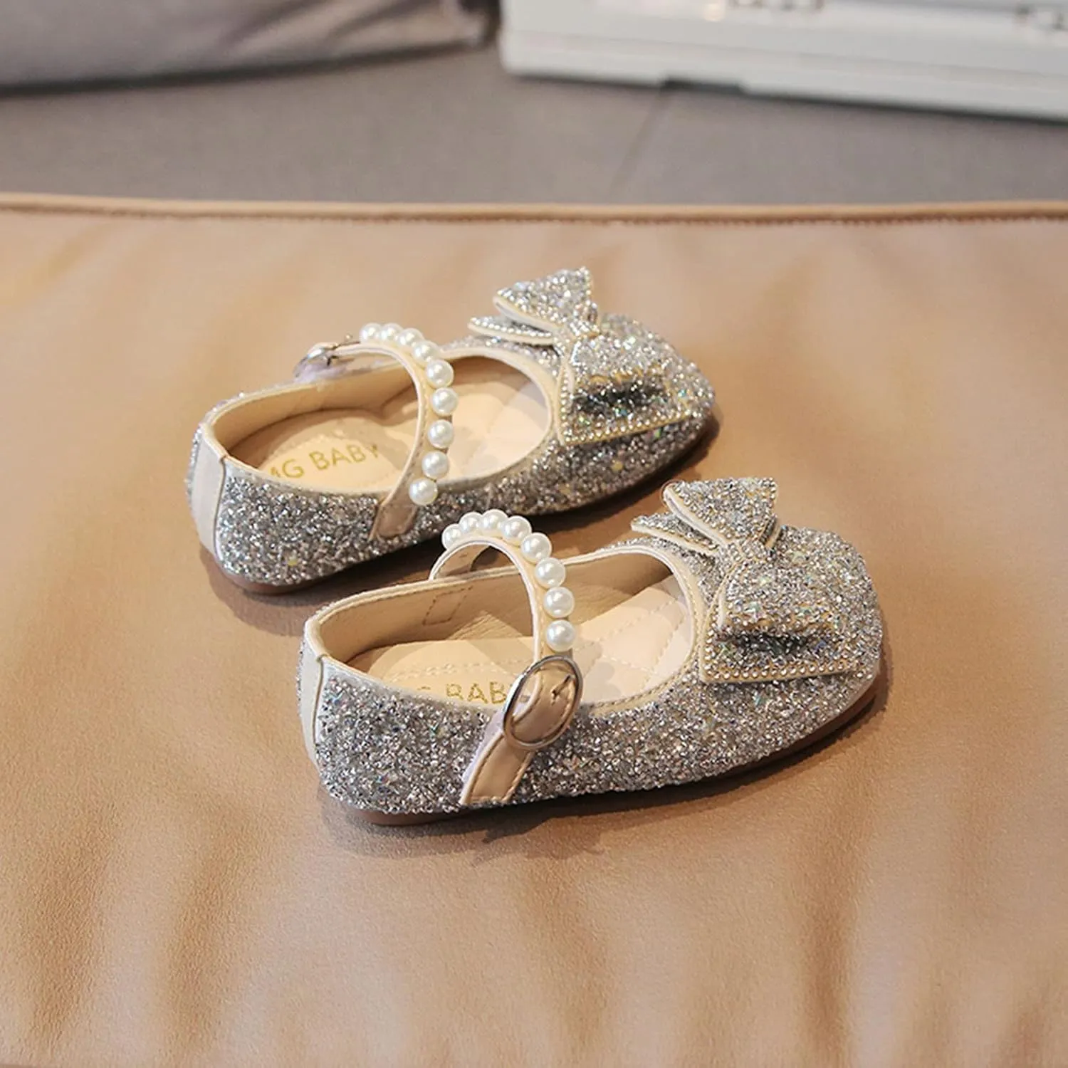 Princess Flat Sequins Little Girls Low Heels Pearl Buckle Dress Shoes Toddler Dress Ballet Mary Jane Bow Flat Shoes